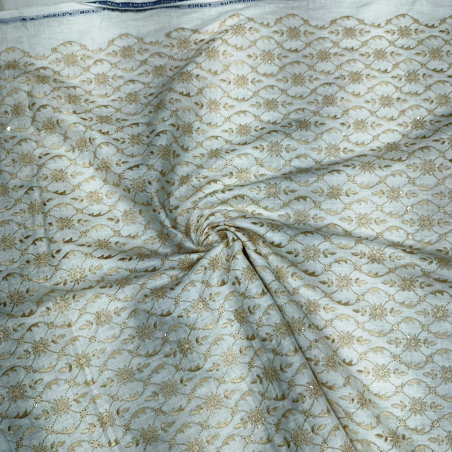 Ivory White Linen Embroidery Fabric with Champagne Gold Floral Vine Design | Premium Designer Dress Material