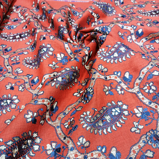 Coral Red Linen Embroidery Fabric with Royal Blue Paisley Floral Design | Designer Kurta & Dress Material