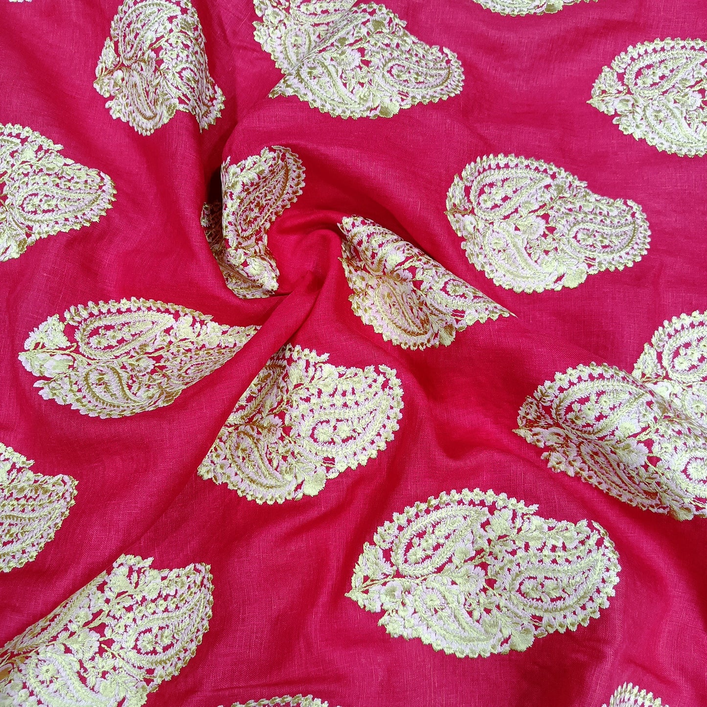Rani Pink Linen Embroidery Fabric with Ivory Paisley Buta Design | Designer Kurta & Dress Material