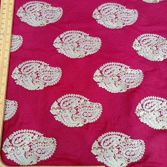 Rani Pink Linen Embroidery Fabric with Ivory Paisley Buta Design | Designer Kurta & Dress Material