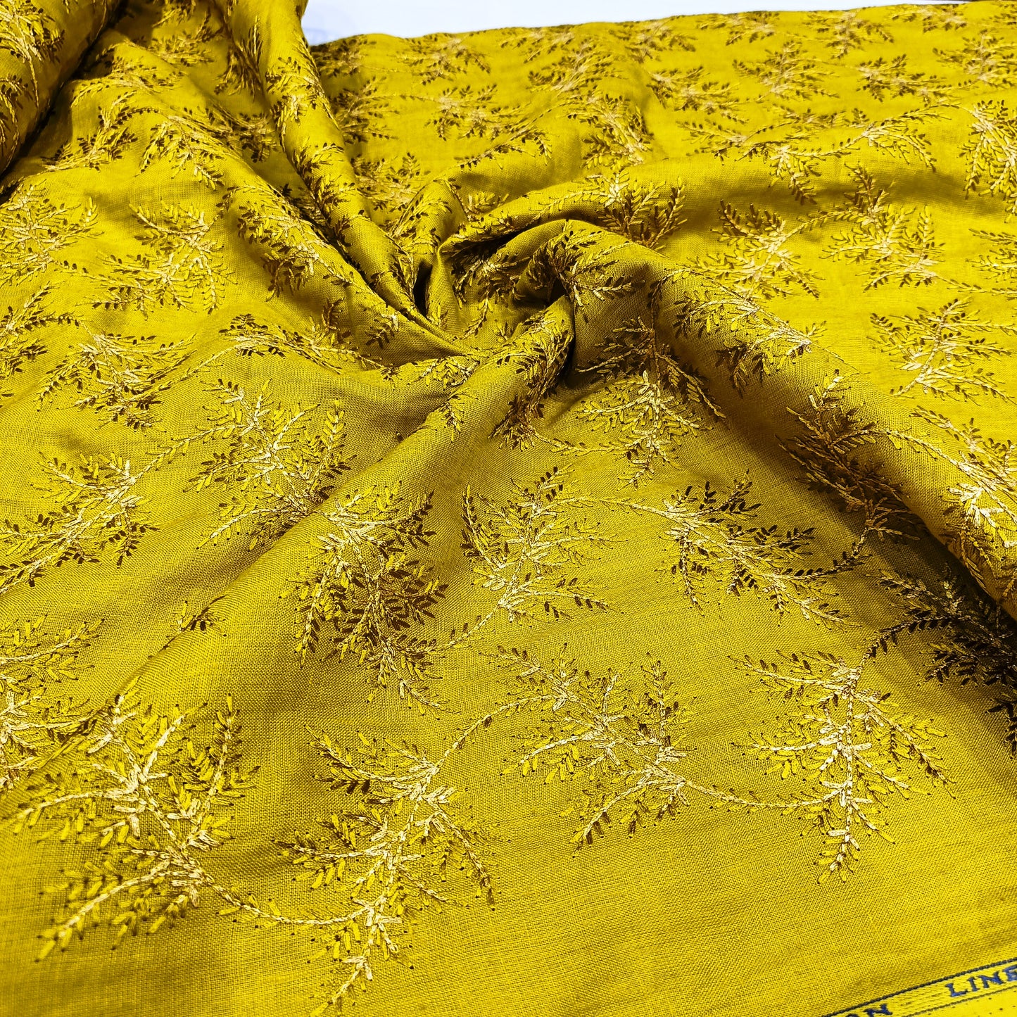 Mustard Yellow Linen Embroidery Fabric with Ivory Floral Vine Design | Designer Kurta & Dress Material