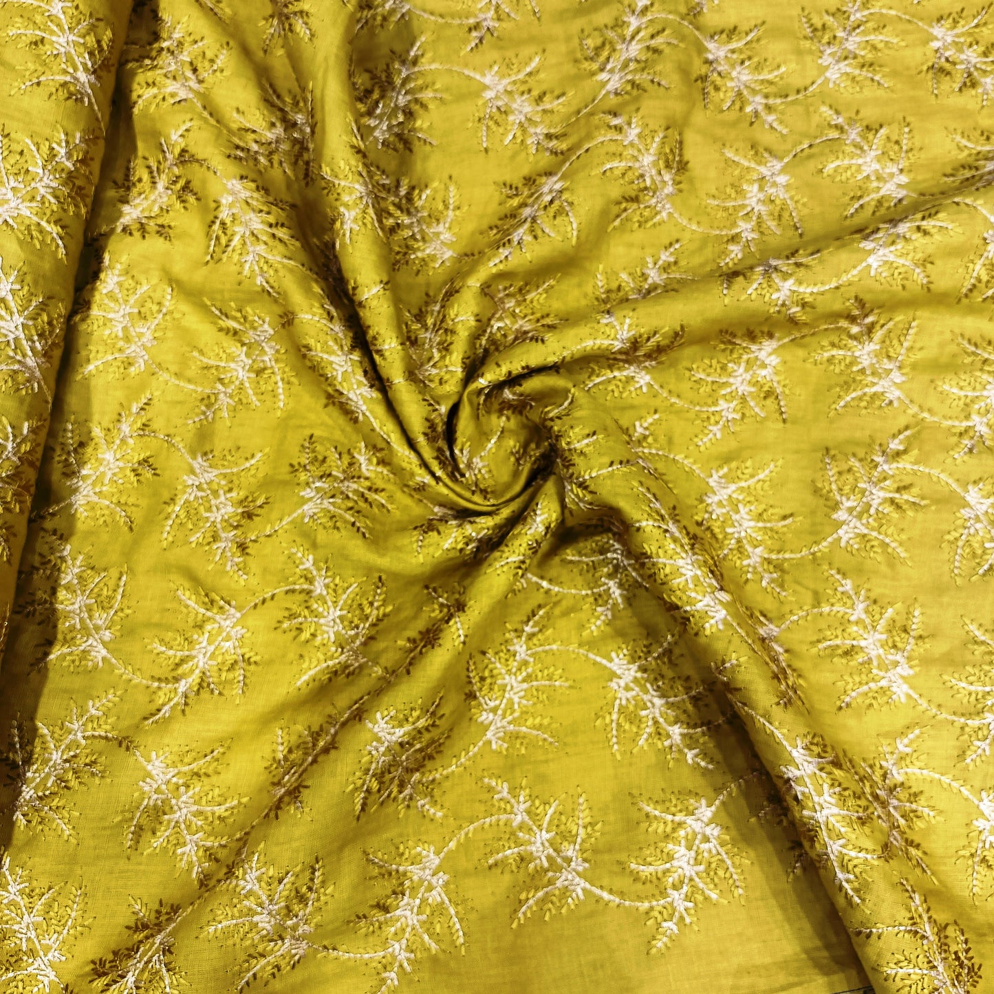 Mustard Yellow Linen Embroidery Fabric with Ivory Floral Vine Design | Designer Kurta & Dress Material