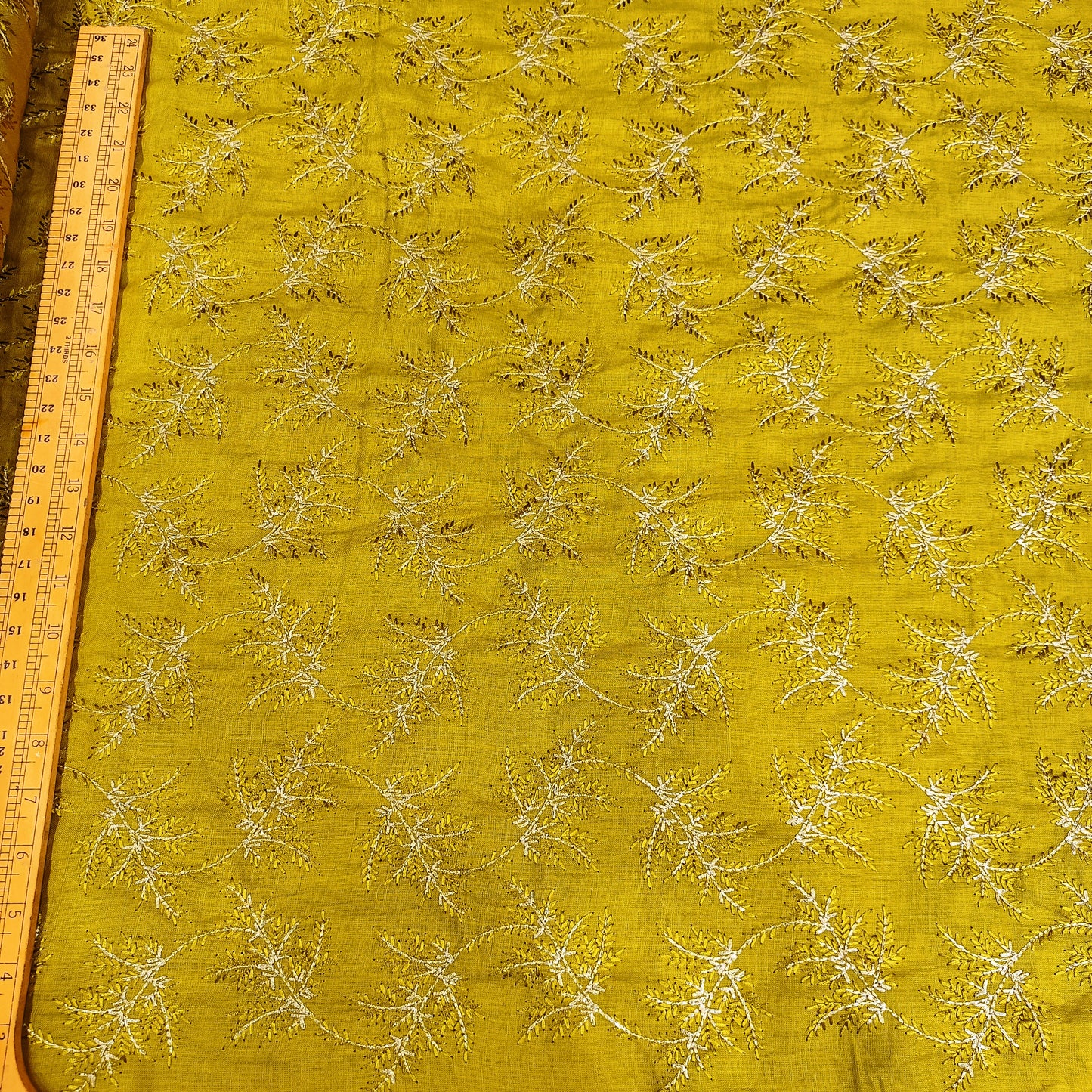 Mustard Yellow Linen Embroidery Fabric with Ivory Floral Vine Design | Designer Kurta & Dress Material