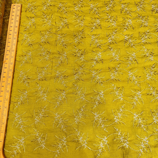 Mustard Yellow Linen Embroidery Fabric with Ivory Floral Vine Design | Designer Kurta & Dress Material
