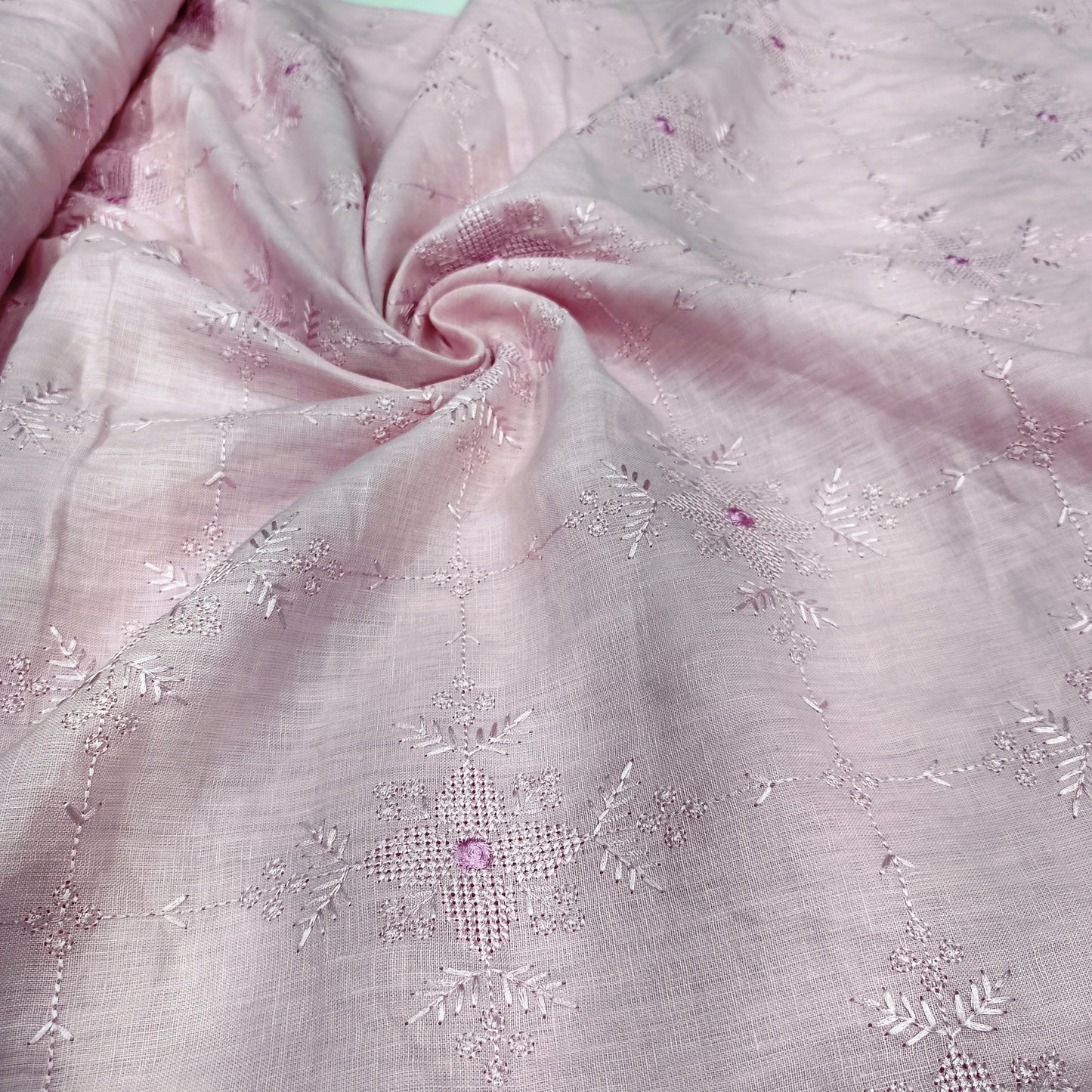 Baby Pink Chikankari Embroidered Linen Fabric | Floral Grid Embroidery Dress Material