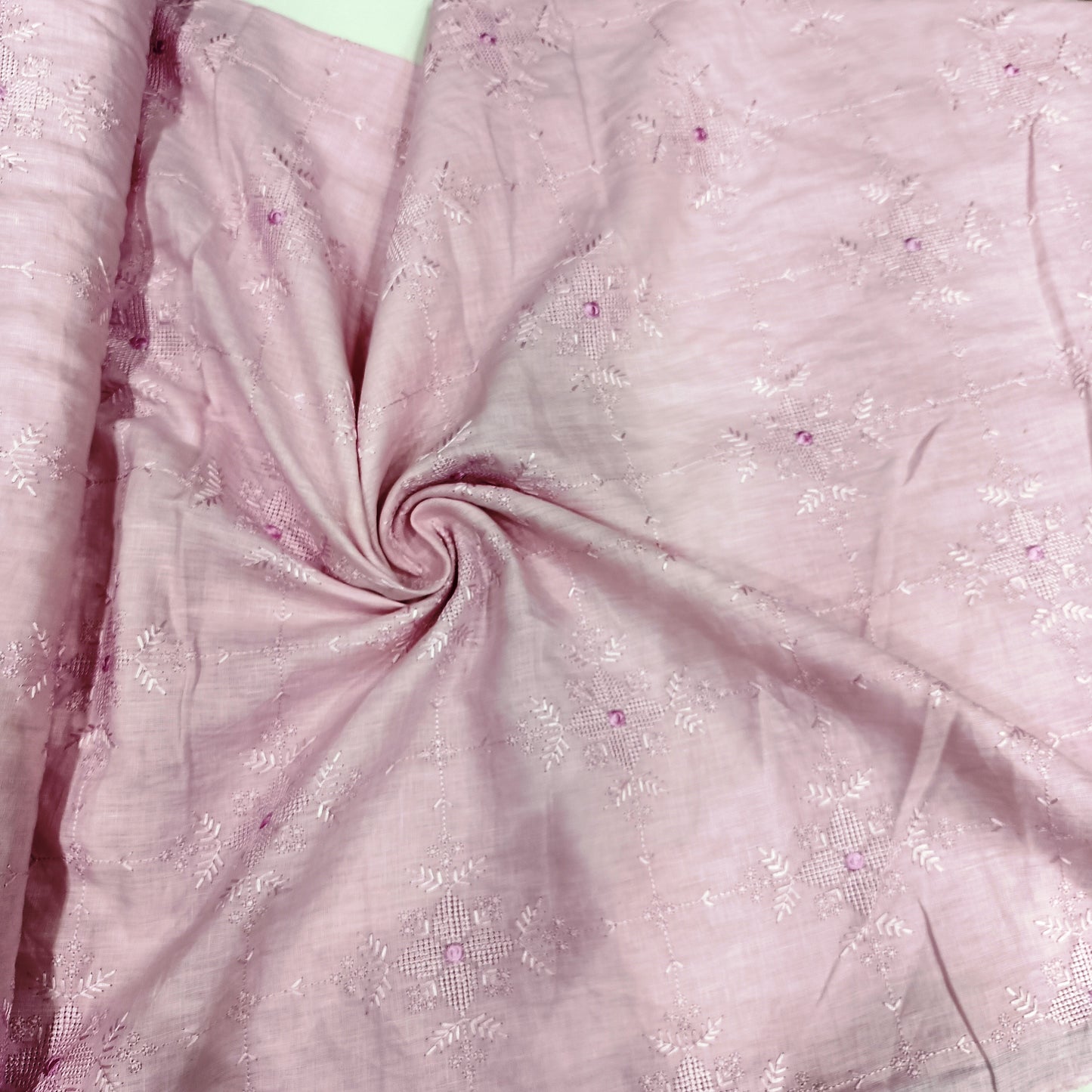 Baby Pink Chikankari Embroidered Linen Fabric | Floral Grid Embroidery Dress Material