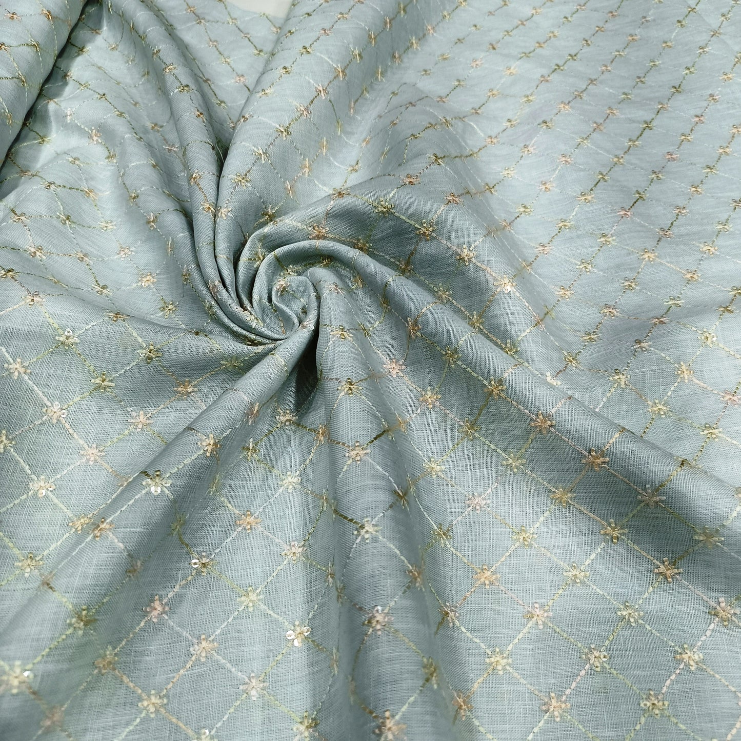 Ice Blue Sequin Embroidered Linen Fabric | Diamond Lattice Designer Dress Material