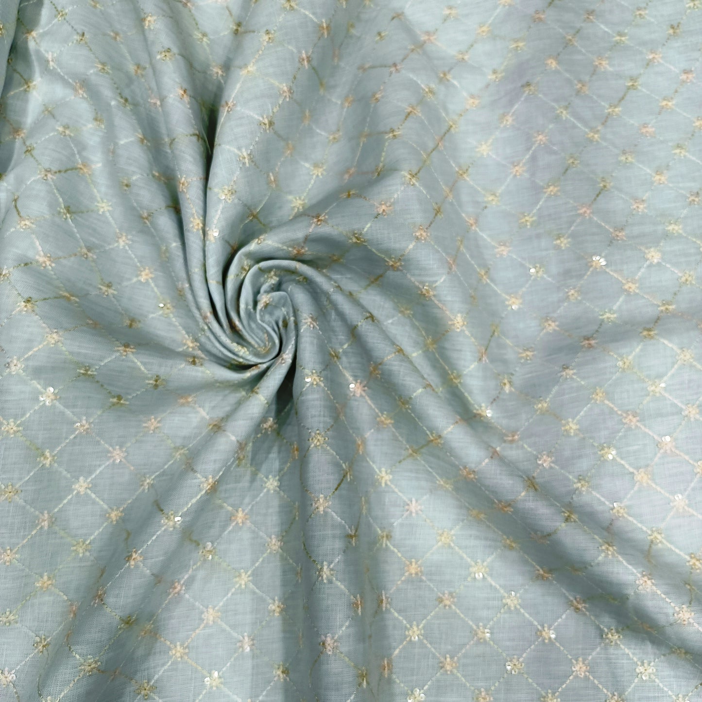 Ice Blue Sequin Embroidered Linen Fabric | Diamond Lattice Designer Dress Material