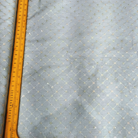 Ice Blue Sequin Embroidered Linen Fabric | Diamond Lattice Designer Dress Material