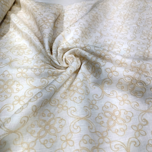 Ivory White Floral Embroidered Linen Fabric | Premium Designer Thread Work Dress Material