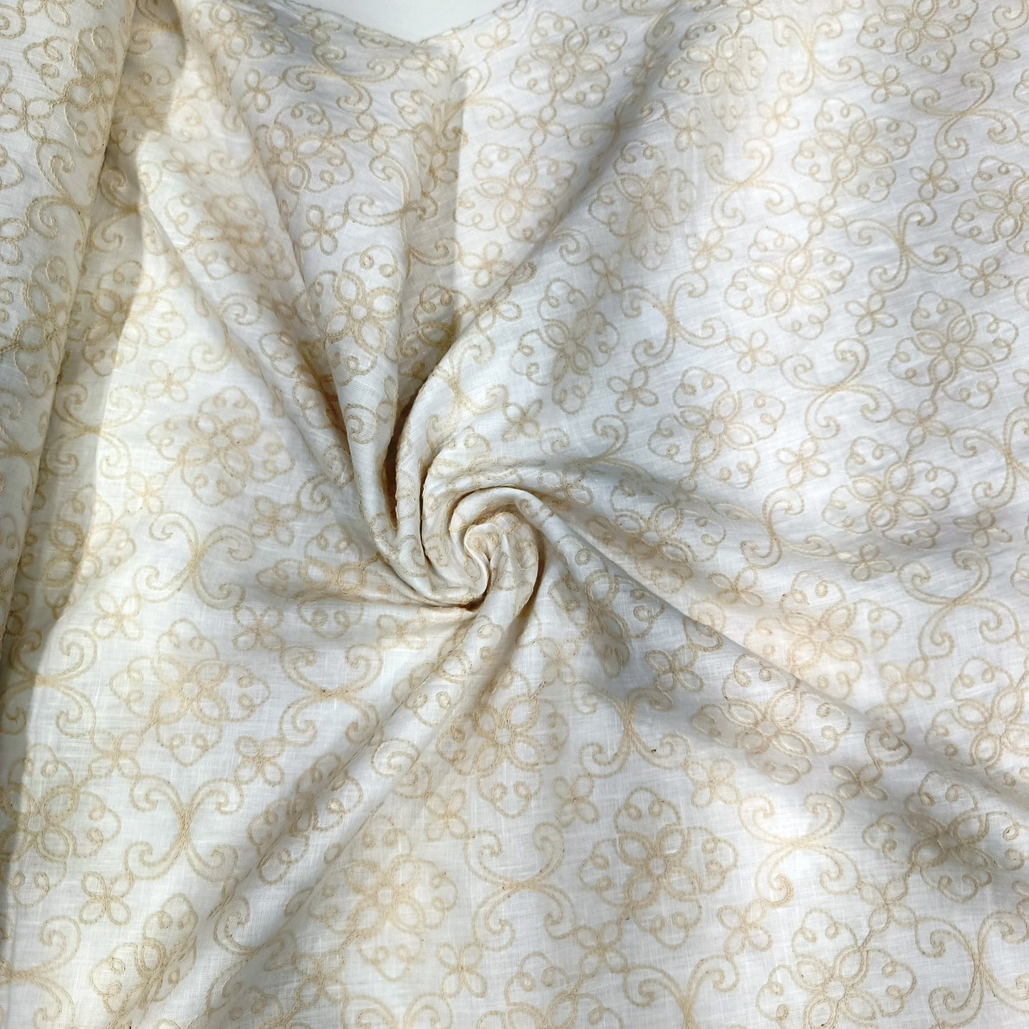 Ivory White Floral Embroidered Linen Fabric | Premium Designer Thread Work Dress Material