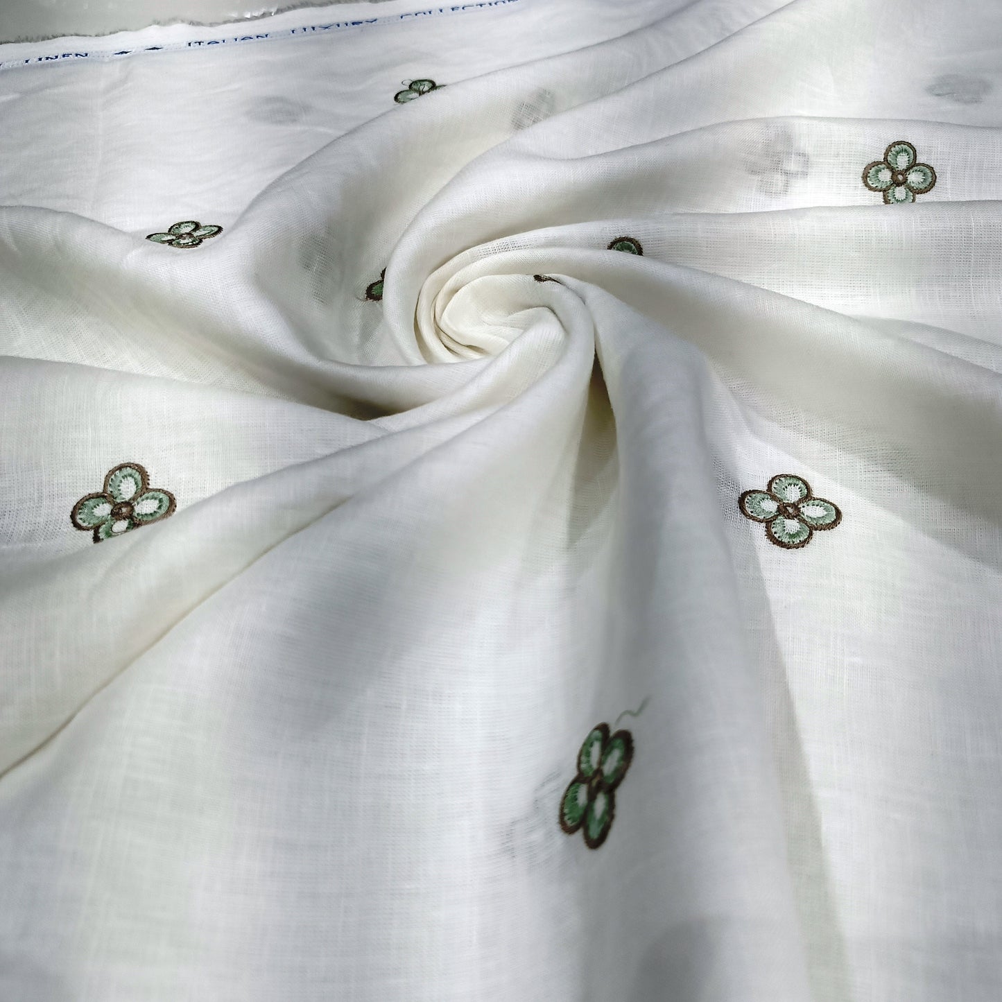 White Linen Fabric with Mint Green Floral Embroidery | Premium Designer Embroidered Dress Material