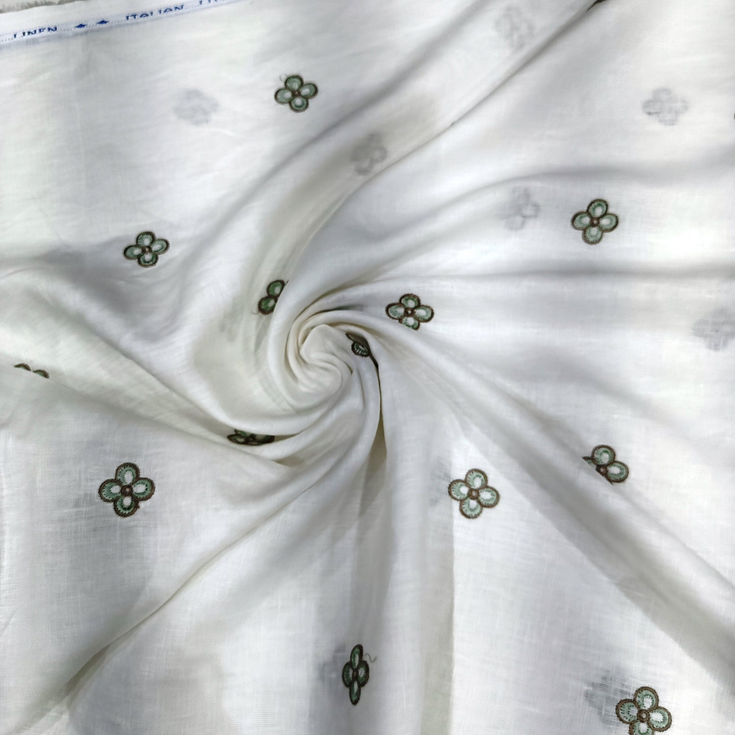White Linen Fabric with Mint Green Floral Embroidery | Premium Designer Embroidered Dress Material