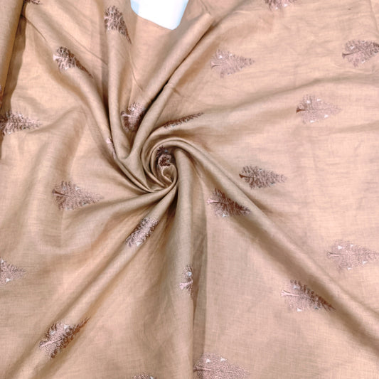 Beige Linen Fabric with Leaf Embroidery | Premium Designer Embroidered Dress Material