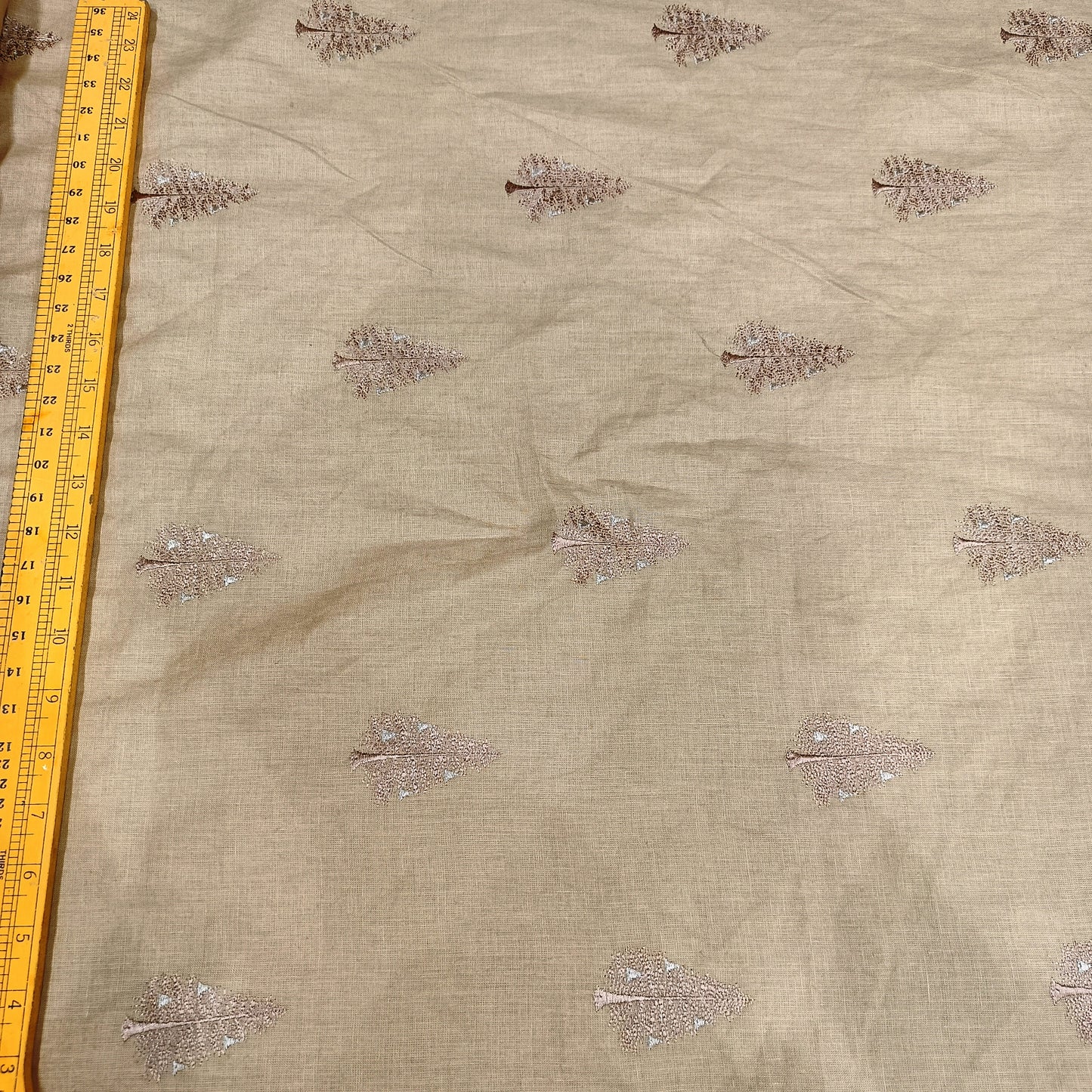Beige Linen Fabric with Leaf Embroidery | Premium Designer Embroidered Dress Material