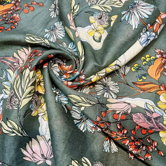 Sage Green Wildflower Garden Linen Print Fabric