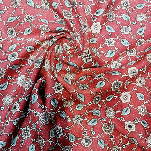 Crimson Rose Vintage Floral Linen Print Fabric