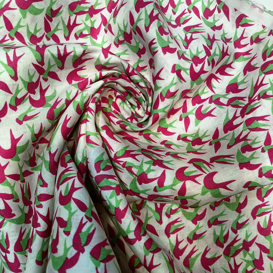 Pink & Green Floral Linen Print Fabric