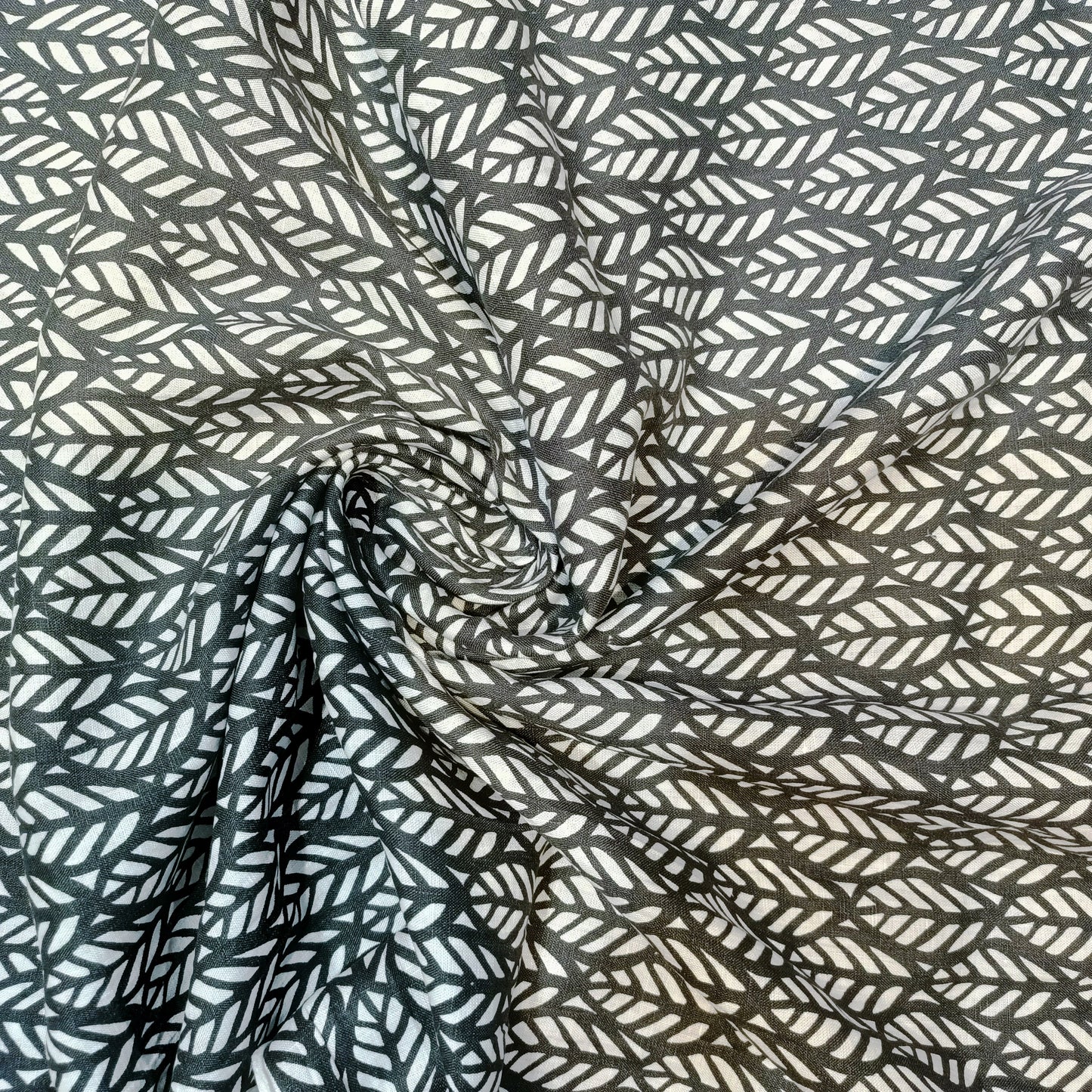Grey & White Geometric Leaf Print Linen Fabric