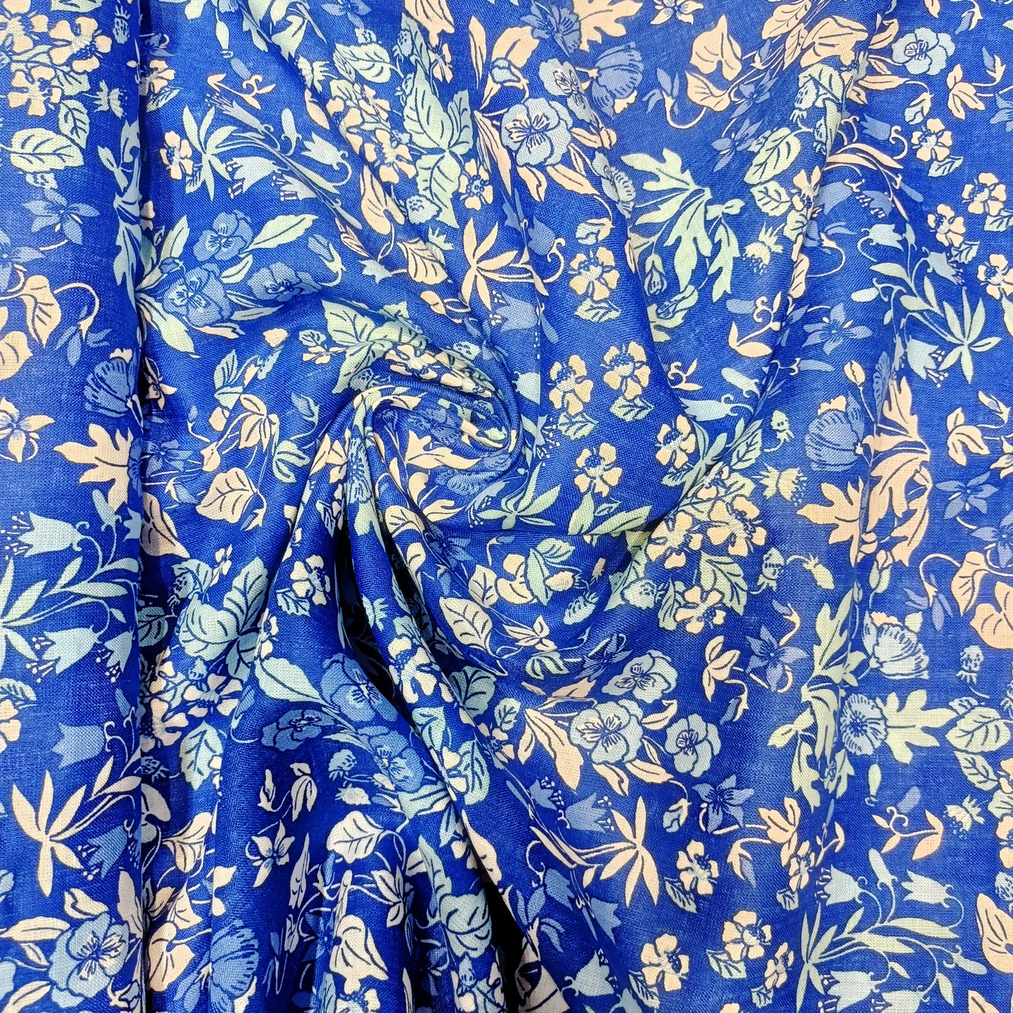 Royal Blue Vintage Floral Linen Print Fabric