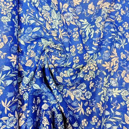 Royal Blue Vintage Floral Linen Print Fabric