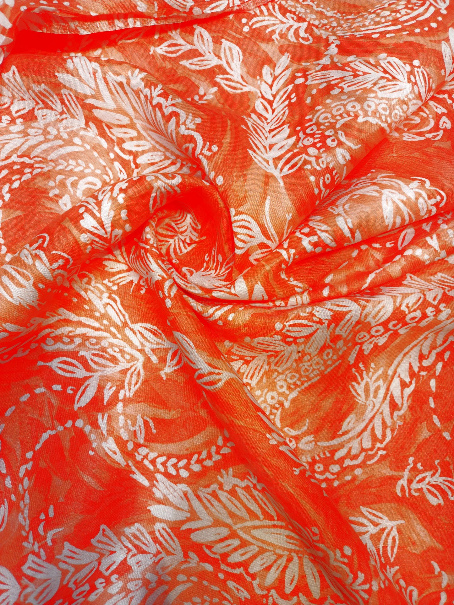 Coral Orange Paisley Botanical Linen Print Fabric