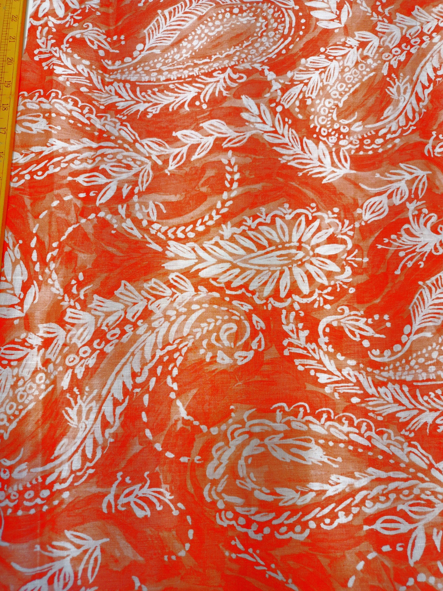 Coral Orange Paisley Botanical Linen Print Fabric