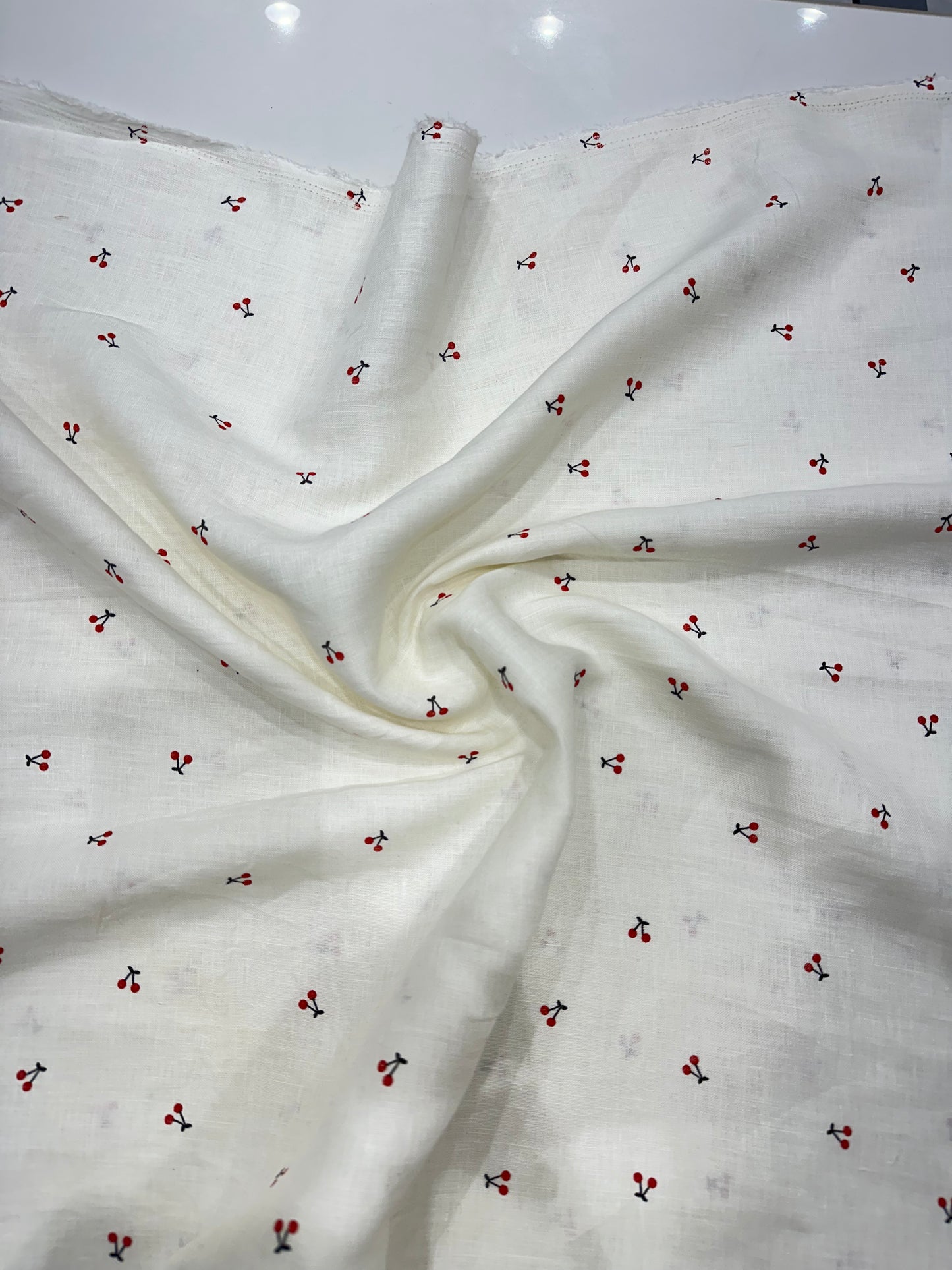 100% Linen Printed Fabric – White with Red Cherry Print