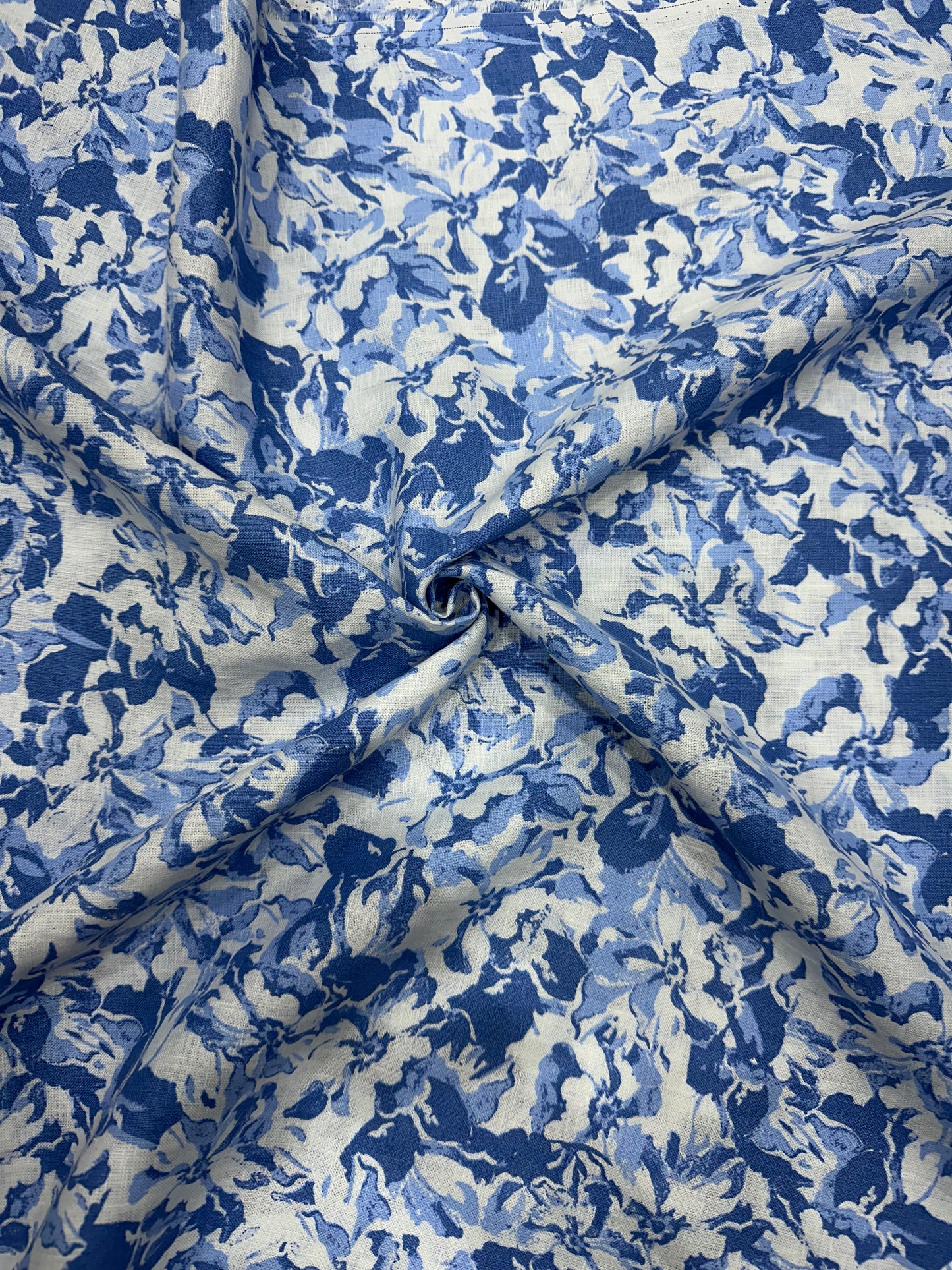 100% Linen Printed Fabric – Blue Floral on White Base