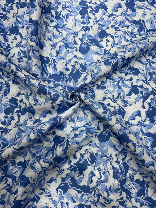 100% Linen Printed Fabric – Blue Floral on White Base