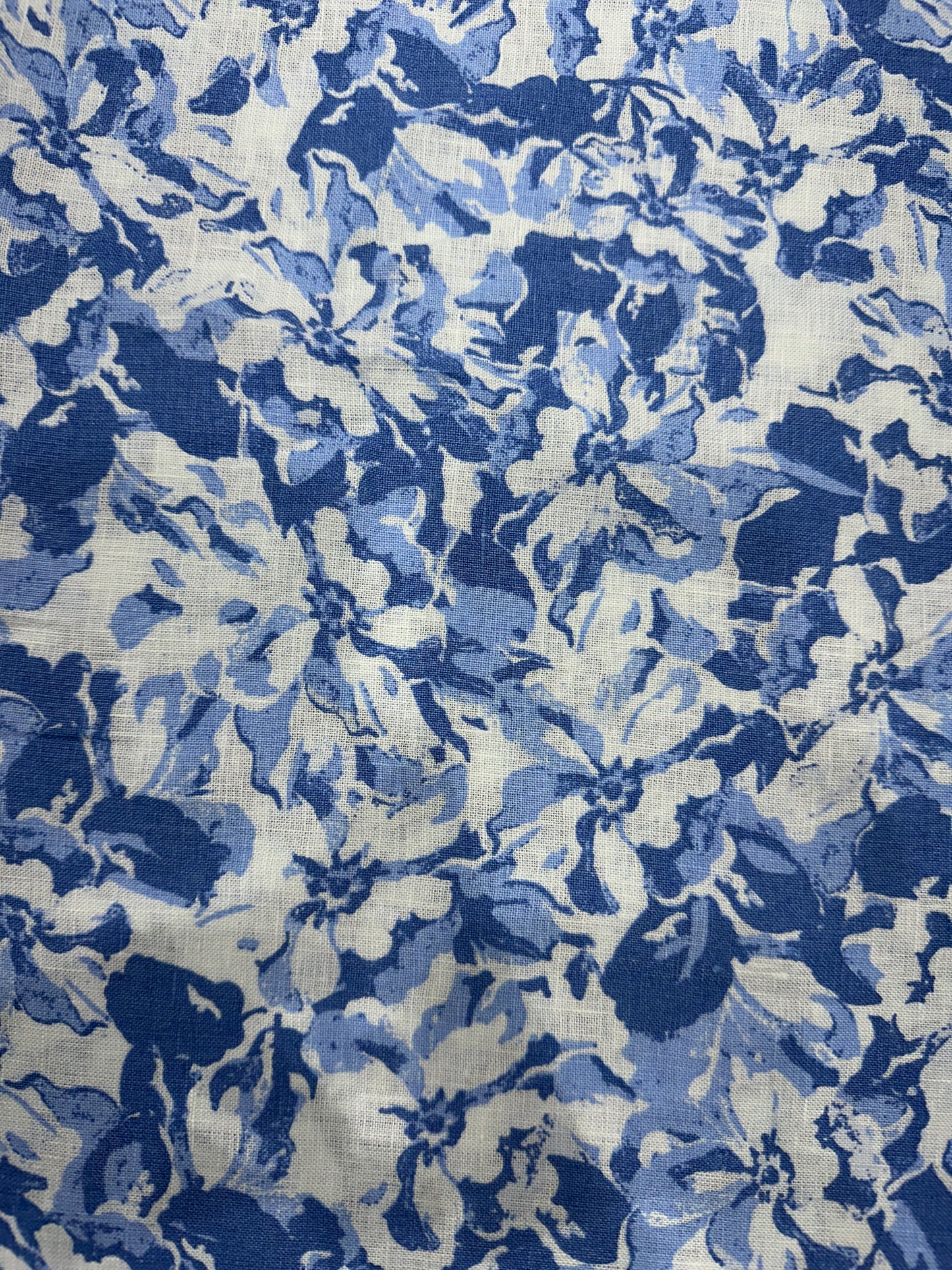 100% Linen Printed Fabric – Blue Floral on White Base