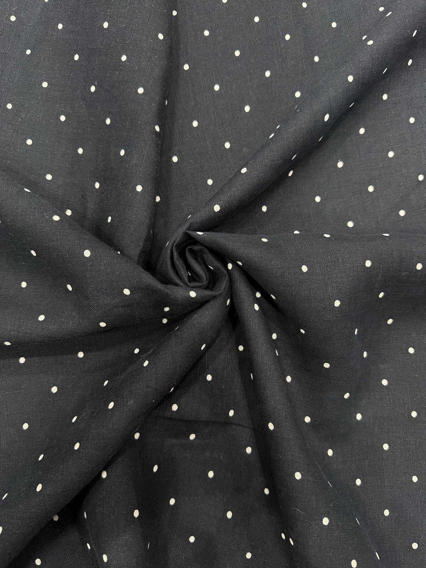 100% Linen Printed Fabric – Black with White Polka Dots