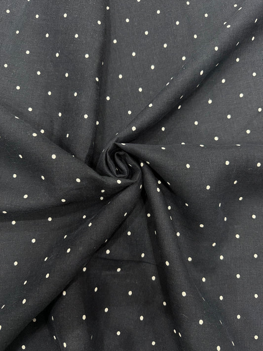 100% Linen Printed Fabric – Black with White Polka Dots