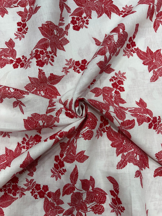 100% Linen Printed Fabric – White with Red Floral Design