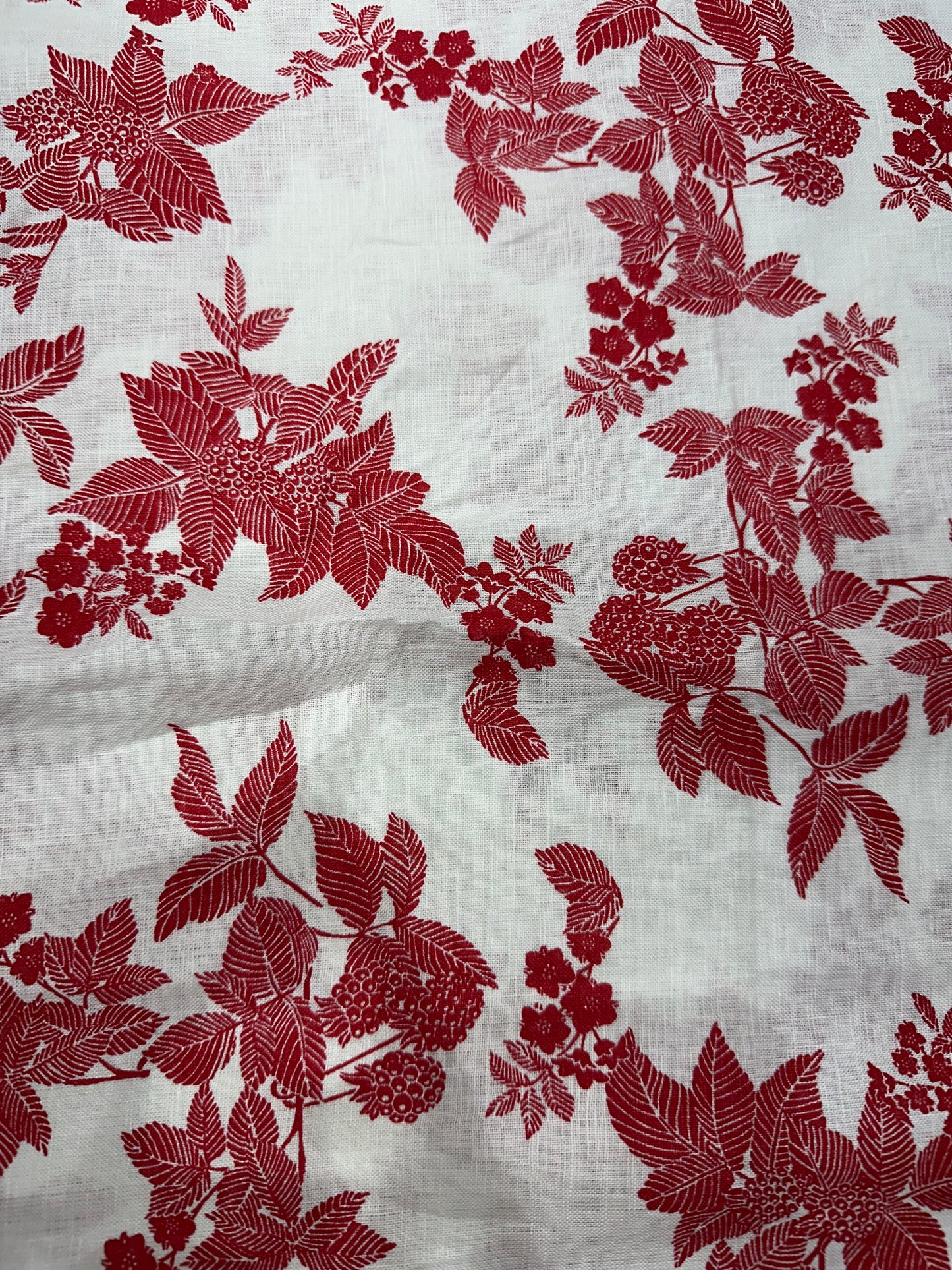 100% Linen Printed Fabric – White with Red Floral Design