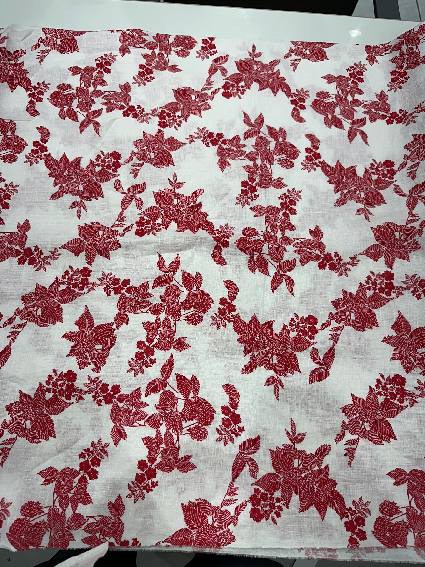 100% Linen Printed Fabric – White with Red Floral Design