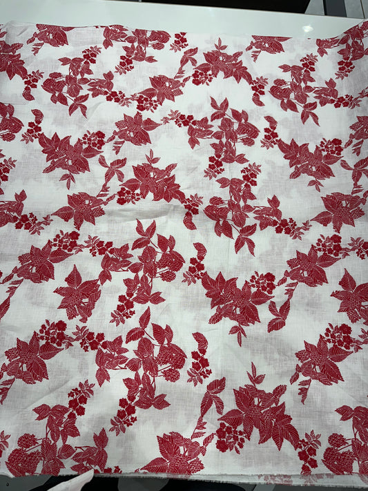100% Linen Printed Fabric – White with Red Floral Design