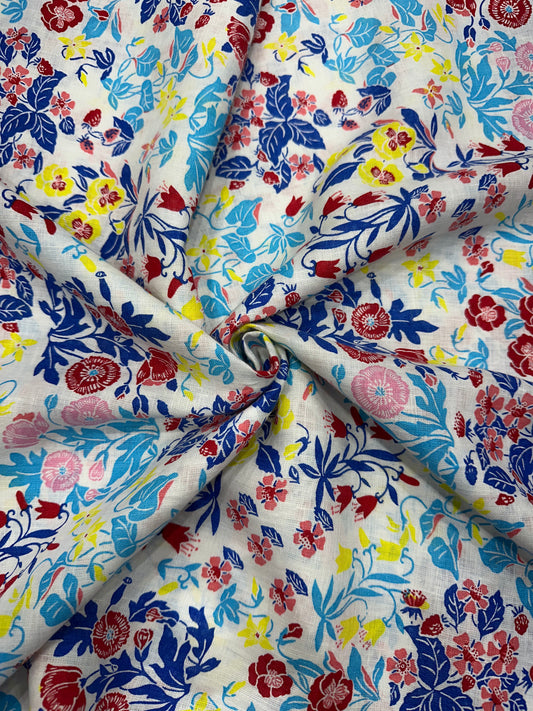 100% Linen Printed Fabric – Multicolor Floral on White Base