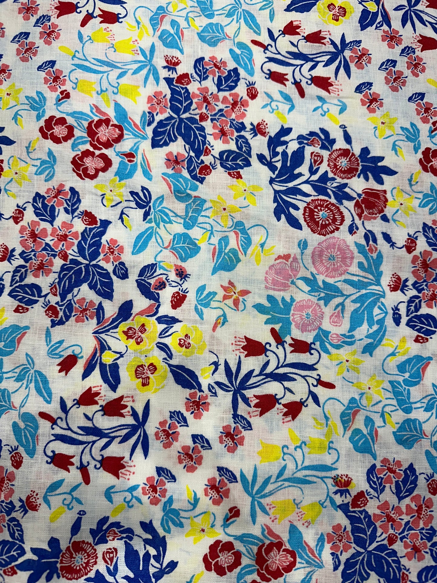 100% Linen Printed Fabric – Multicolor Floral on White Base