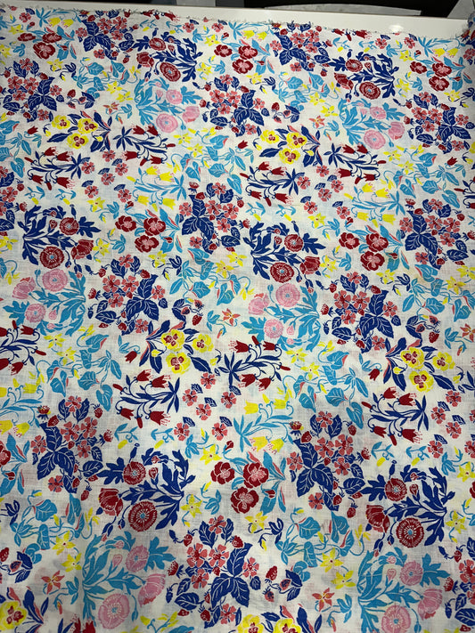 100% Linen Printed Fabric – Multicolor Floral on White Base