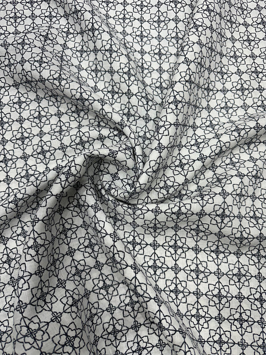 100% Linen Printed Fabric – Black Geometric Floral on White Base