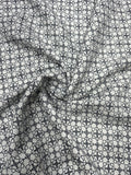 100% Linen Printed Fabric – Black Geometric Floral on White Base