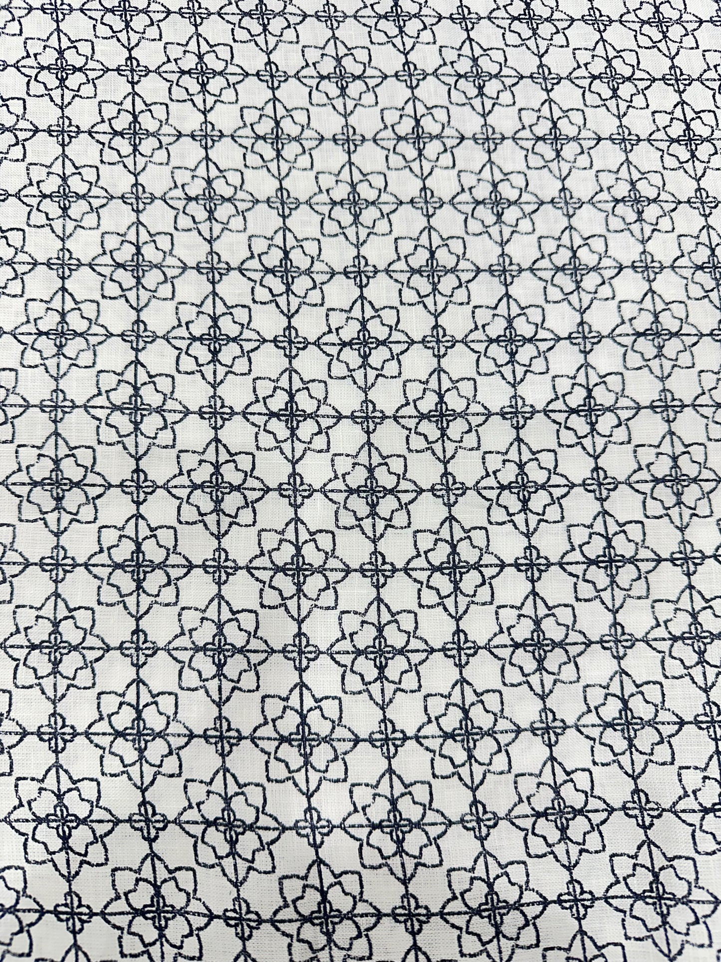 100% Linen Printed Fabric – Black Geometric Floral on White Base