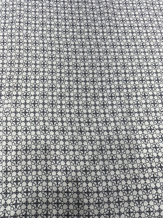 100% Linen Printed Fabric – Black Geometric Floral on White Base