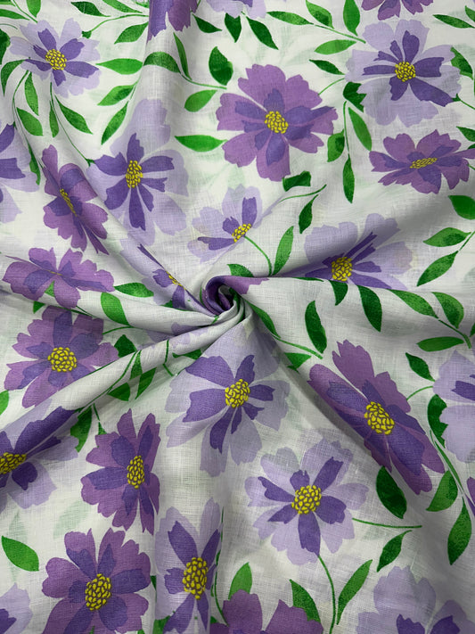 100% Linen Printed Fabric – Black Geometric Floral on White Base
