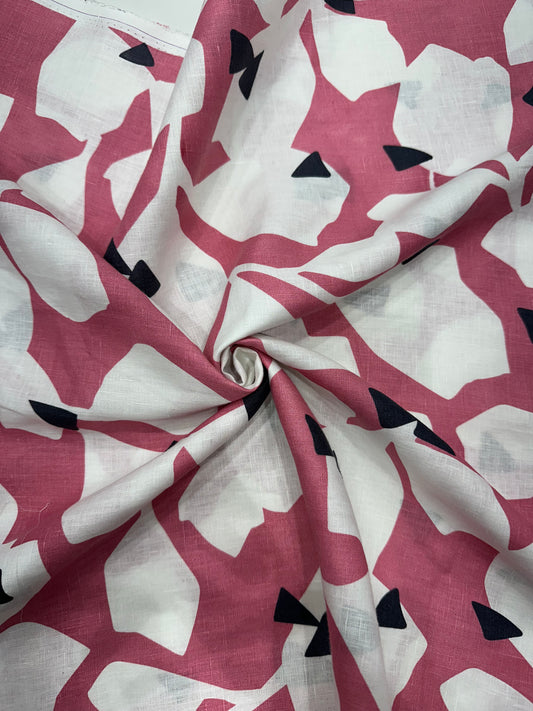 100% Linen Printed Fabric – Abstract Pink & Black Design