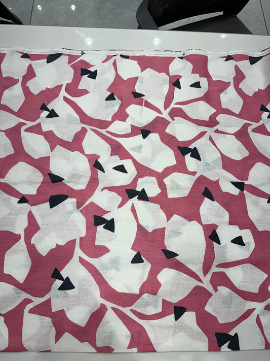 100% Linen Printed Fabric – Abstract Pink & Black Design