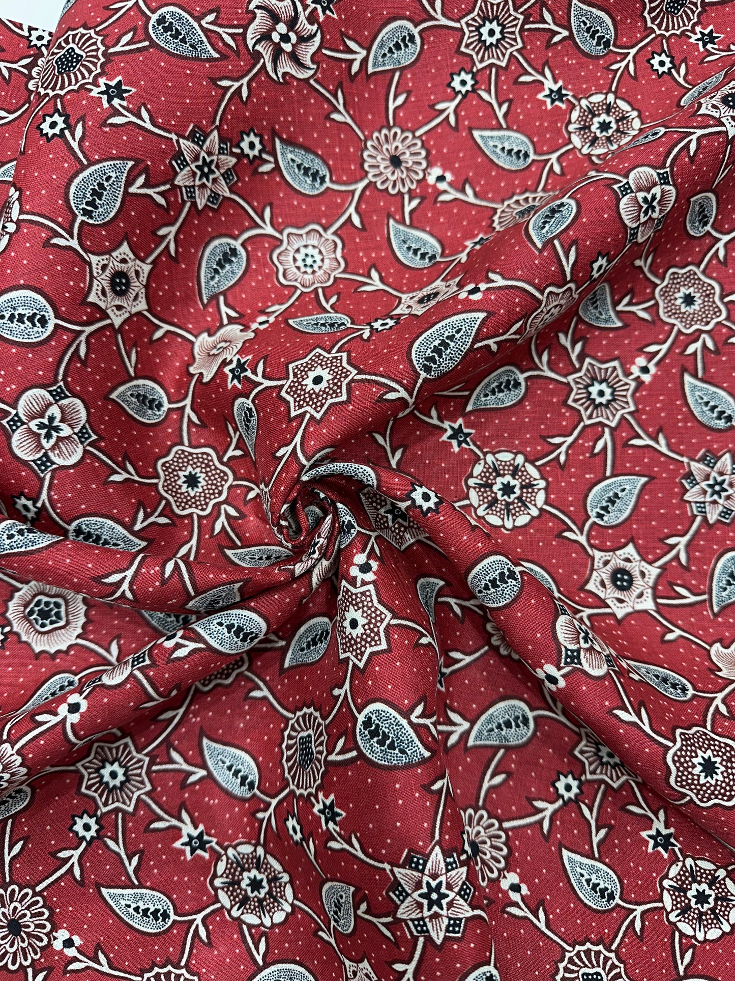100% Linen Printed Fabric – Red with Floral & Paisley Design