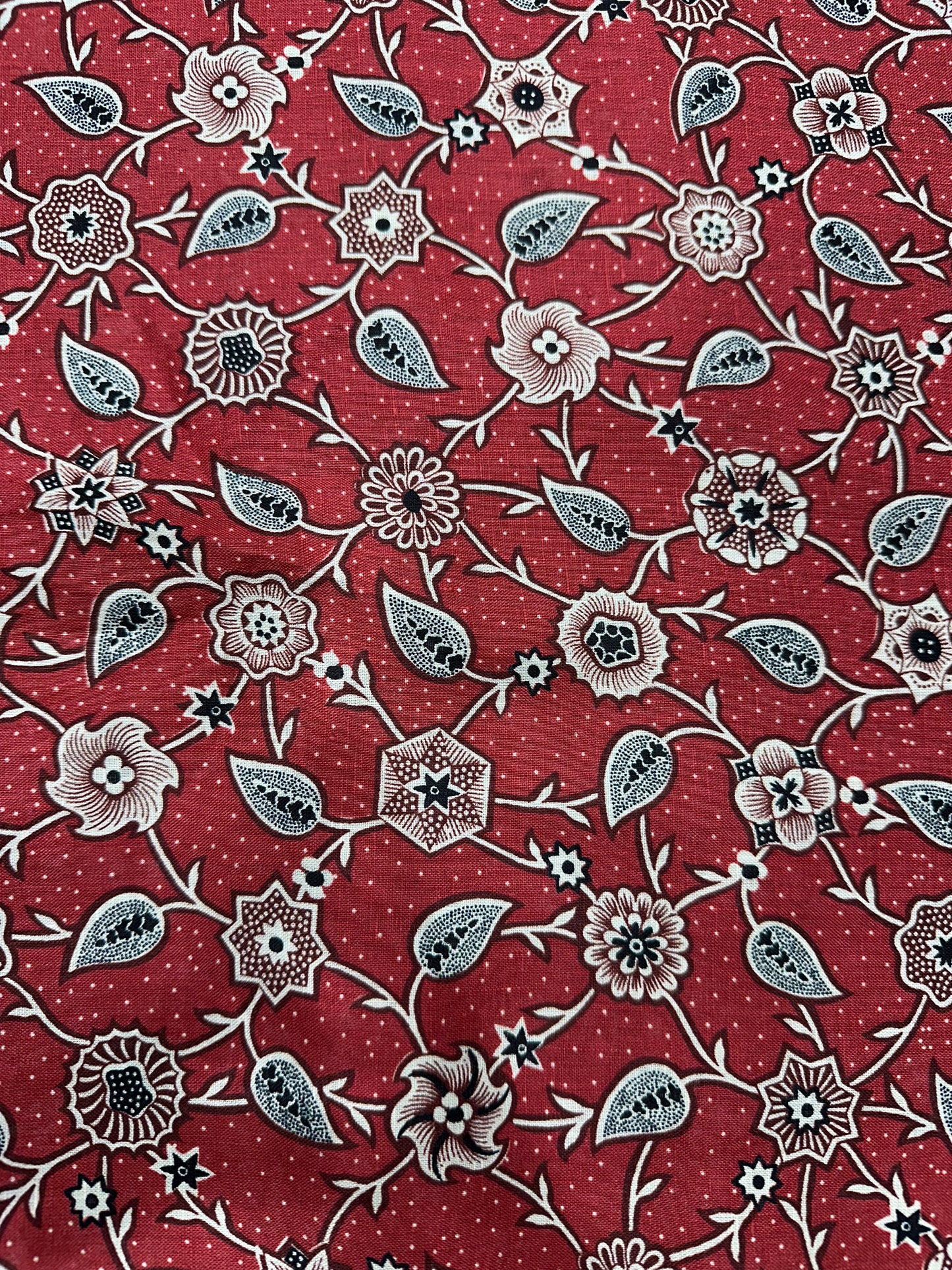 100% Linen Printed Fabric – Red with Floral & Paisley Design