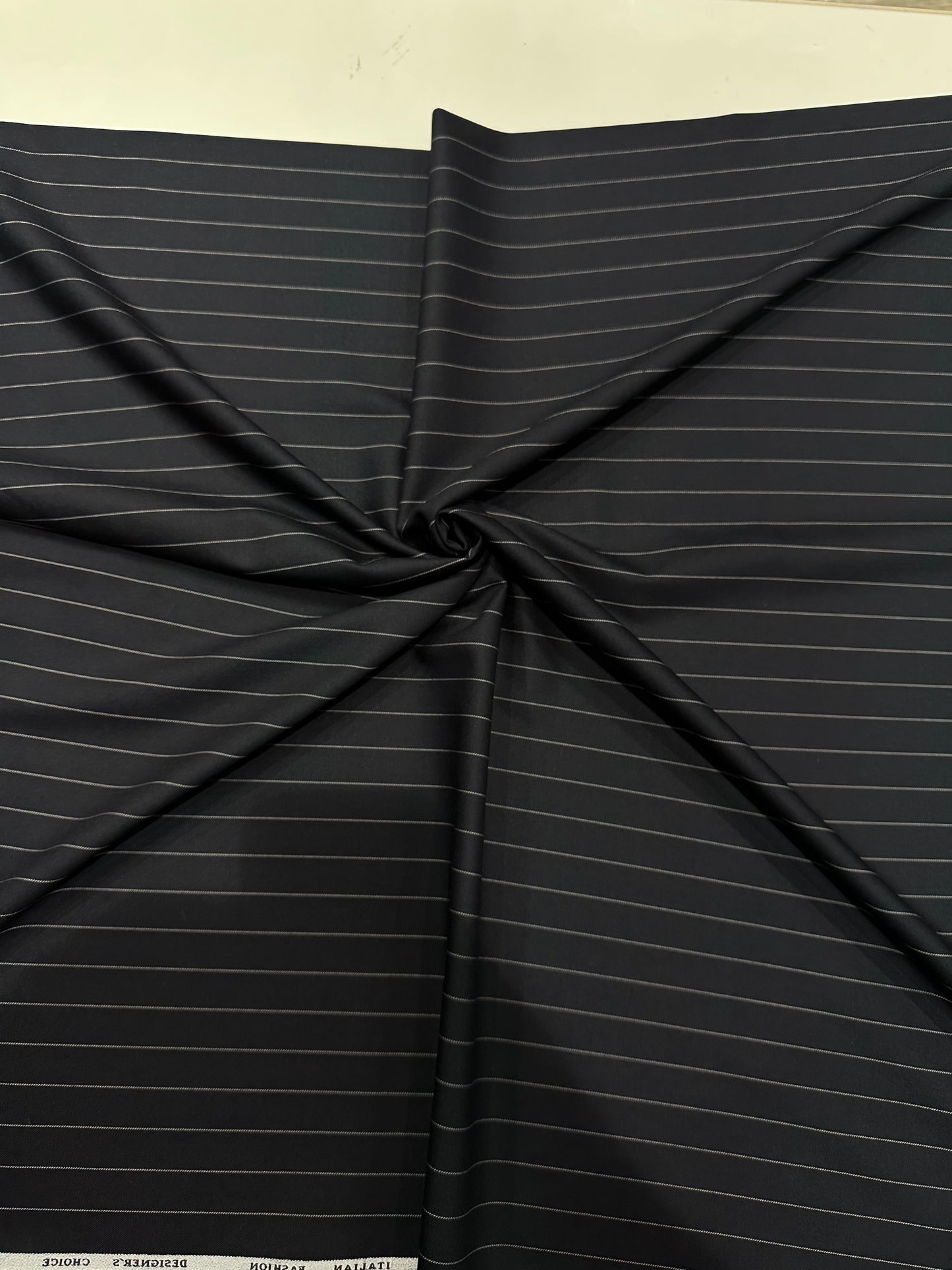 Italian Suiting Fabric – Black with Bold Pinstripes